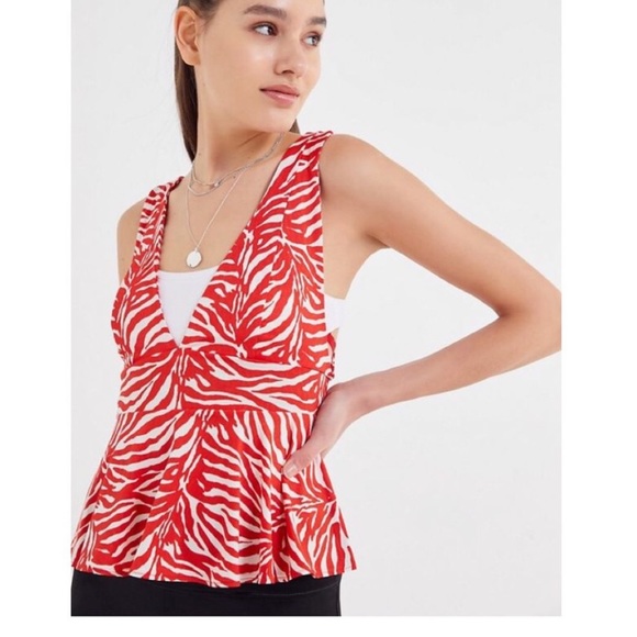 Red and white zebra Urban Outfitters plunging peplum top